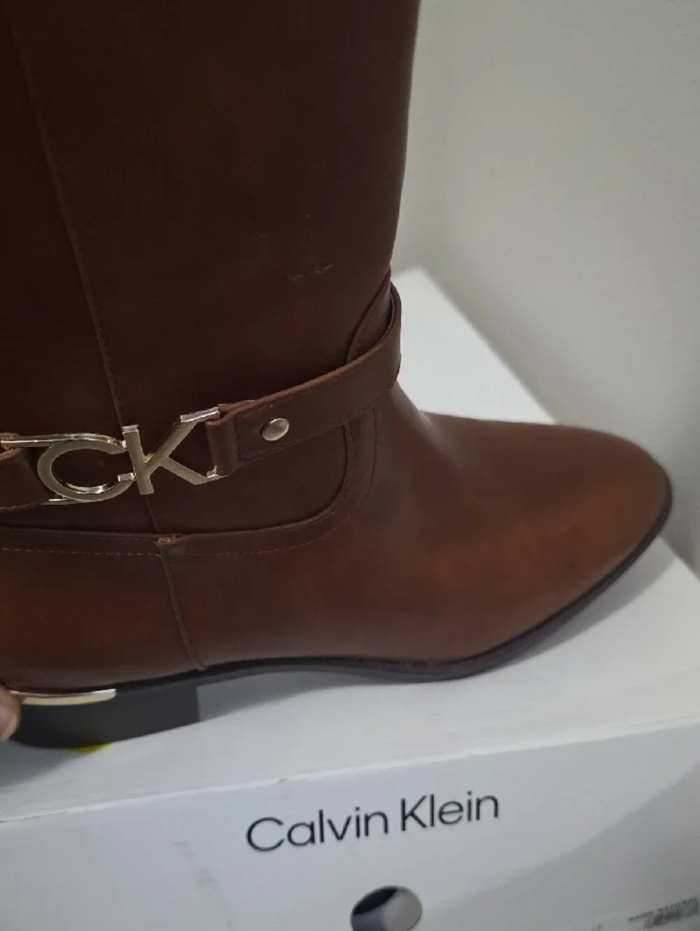 Calvin Klein Cognac -Knee -Leather Boots with Gold CK Accent